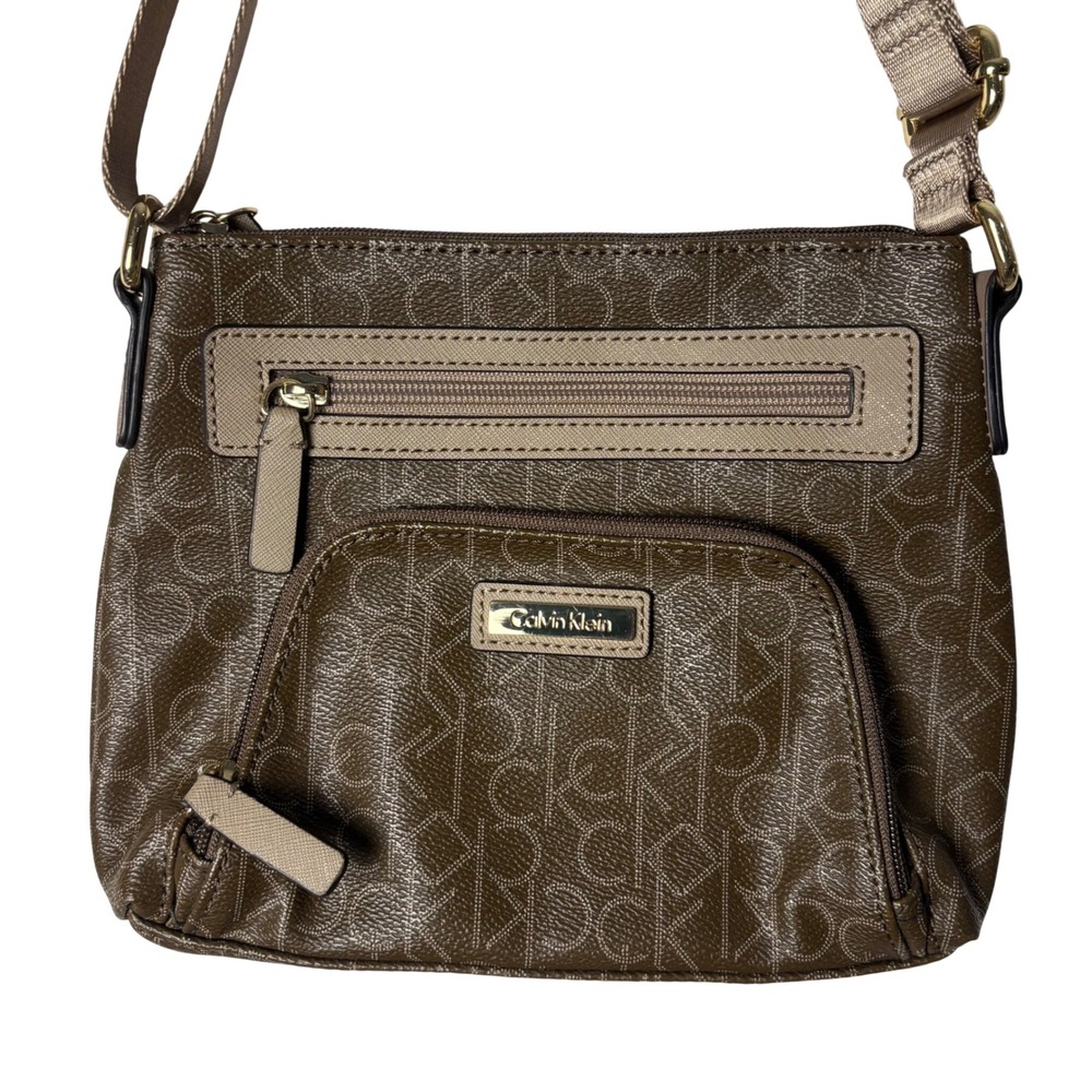 Calvin Klein CK Monogram Crossbody Bag Brown Logo Purse Multi Pocket Adjustable
